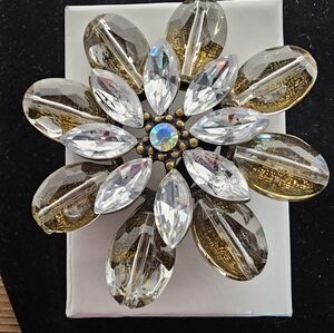 Vintage Gold Tone Rhinestone Flower Brooch Large Statement AB Crystal Pin Retro